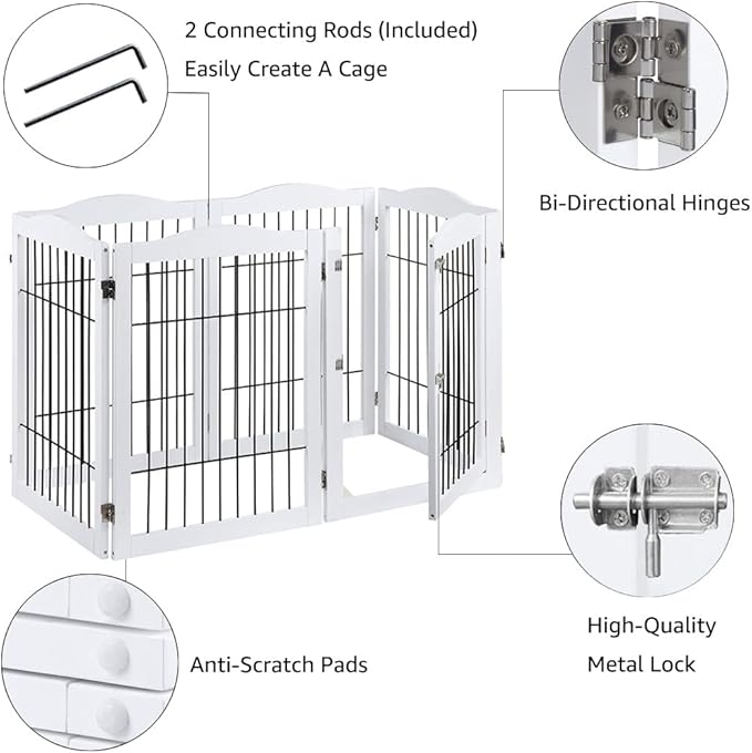 beeNbkks Extra Wide Pet Gate, 6 Panels Freestanding Dog Gate with Walk Through Door and 5 Support Feet, Foldable Pet Barrier Fence for Stairs Doorways Fireplace, Indoor Exercise Playpen for Dogs Cats