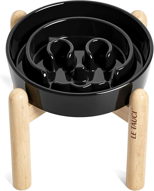 LE TAUCI Ceramic Slow Feeder Dog Bowl Elevated, 3 Cups Raised With Wooden Stand for Medium Large Breed, Dishes to Slow Down Eating, Puzzle Food Bowl, Skull Black
