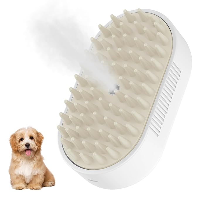 Cat Steam Brush,Silicone Dog Steamy Brushes,Rechargeable Pets Steam Brush for Dogs and Cats,Spritz Defur Comb for Cats,3 In 1 Pet Hair Remover Comb for Massage Grooming,Cleaning,Shedding White