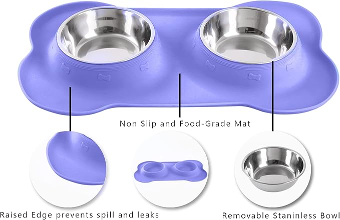 Hubulk Pet Dog Bowls 2 Stainless Steel Dog Bowl with No Spill Non-Skid Silicone Mat + Pet Food Scoop Water and Food Feeder Bowls for Feeding Small Medium Large Dogs Cats Puppies (Medium, Purple)