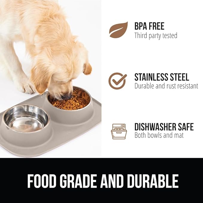 GORILLA GRIP Patent Pending 100% Waterproof BPA Free Cat and Dog Bowls Silicone Feeding Mat Set, Stainless Steel Bowl Slip Resistant Raised Edges, Catch Water, Food, Pet Accessories, 2 Cup, Beige
