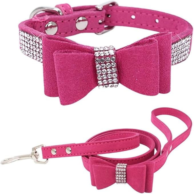 Rhinestone Bowtie Small Dog Collar and Leash Set, Diamond Puppy Collars Bow Crystal Bling Jeweled Glitter Girl Female Adjustable for XXSmall X-Small Small Medium Large Dogs (Rose Red-1,XXSmall)