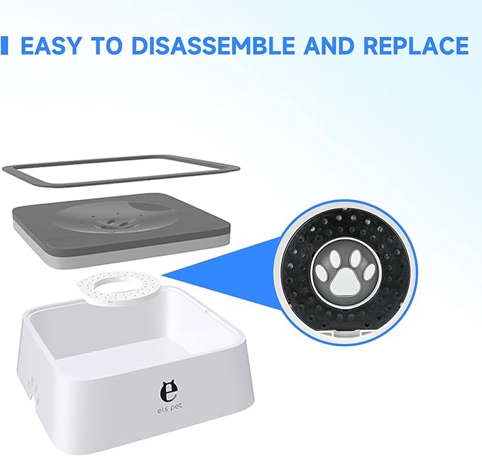 ELS PET Dog Bowl No Spill 4 Pcs filters, Pet Water Bowl No Drip Slow Water Feeder, Pet Dispenser 70oz/2L Large Capacity for Dogs and Cats (White Filter)