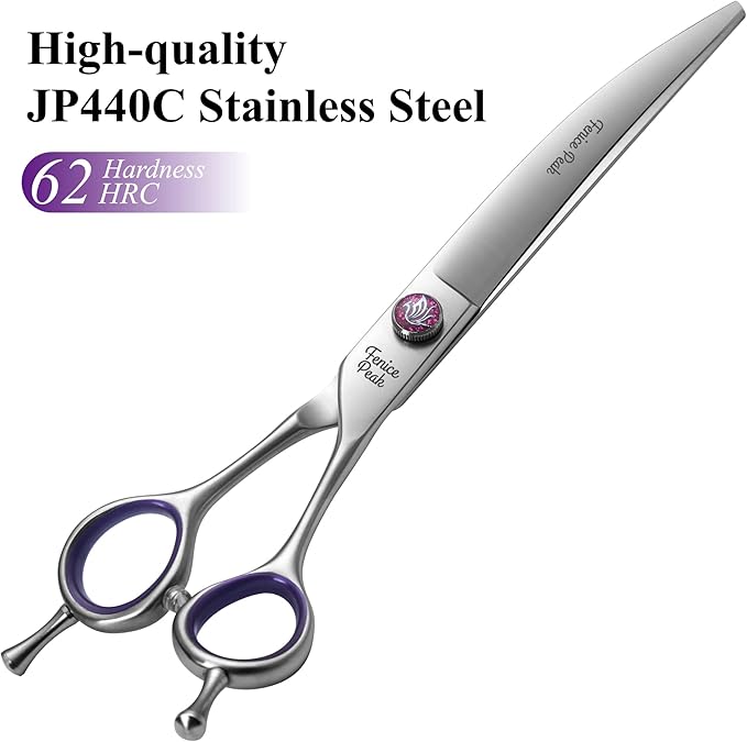Fenice Peak 8'' Dog Grooming Scissors Set 4PCS Straight Curved Thinning Chunker Shears with Purple Finger Rings and Flashing Screw 440C Stainless Steel Natural Color Trimming Shears Durable and Sharp