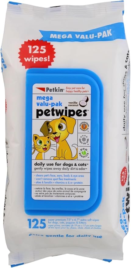 Petkin Mega Valu-Pak Pet Wipes, 125 Wipes - Pet Wipes for Dogs & Cats - for Face, Paws, Ears, Body & Eye Area - Super Convenient Dog Cleaning Wipes