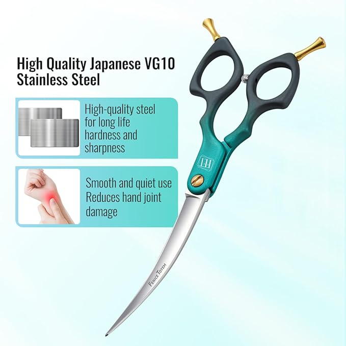 Fenice Dog Grooming Curved Scissors: 6.5" Pet Self-sharpening Split Finishing Shears for Dogs' Faces and Eyes Lightweight Ideal for Tight Spaces and Detailed Grooming Japan VG10 Alloy Steel 63HRC