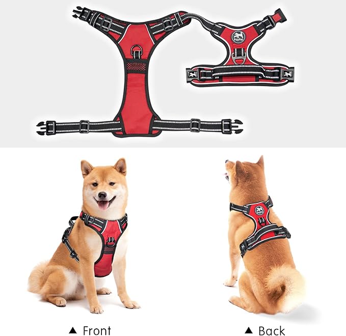 PoyPet No Pull Dog Harness, No Choke Front Clip Dog Reflective Harness, Adjustable Soft Padded Pet Vest with Easy Control Handle for Small to Large Dogs(Red,M)