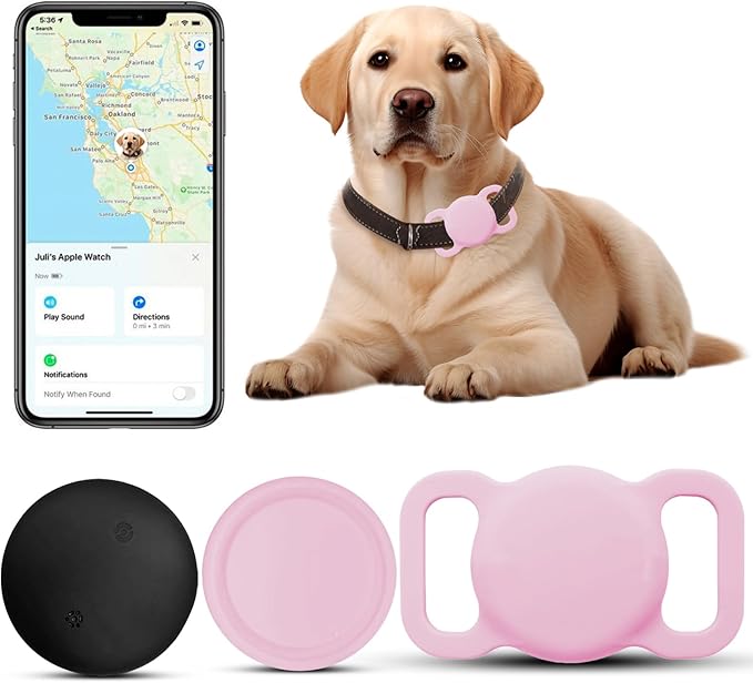 Smart Dog Tracker, Pet Location Tracker, MFi Certificated Tracking Device, Waterproof Bluetooth with Collar Holder, No Monthly Fee, Not GPS Tracker (iOS Only) (Pink)