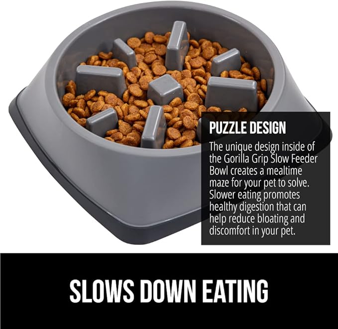 Gorilla Grip Slow Feeder Dog and Cat Bowls, Interactive Puzzle Toy for Dogs and Cats Food Training, Keeps Pets Busy and Prevents Puppy Overeating, Large, Small Breeds, 100% BPA Free, 4 Cup Gray