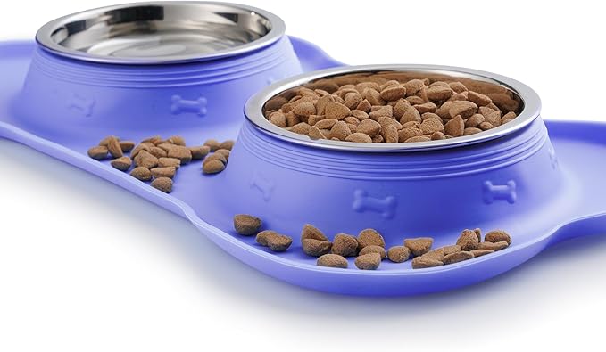 Hubulk Pet Dog Bowls 2 Stainless Steel Dog Bowl with No Spill Non-Skid Silicone Mat + Pet Food Scoop Water and Food Feeder Bowls for Feeding Small Medium Large Dogs Cats Puppies (Large, Purple)