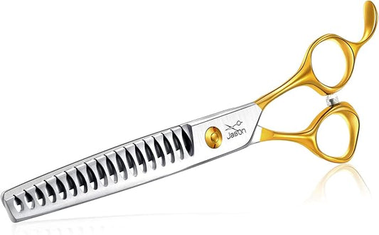 JASON 7.5" 18-Teeth Chunkers Shears for Dogs Cats Grooming Texturizing Blending Thinning Scissor Pets Trimming Kit Sharp Gold Shear for Right Handed Groomers