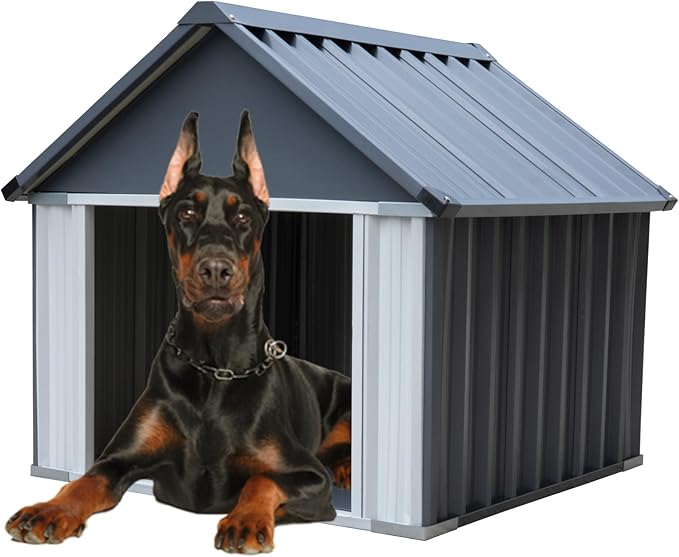 Metal Dog House for Outdoor Indoor, Dog Crates Outside for Small/Medium/Large Dogs, Weather & Water Resistant Easy Assemble Puppy Shelter for Cat, Chicken, Duck (43 x 43 x 44 in, Grey)