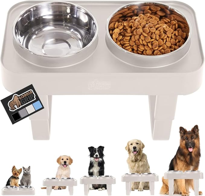 GORILLA GRIP Elevated Dog Bowls Stand, 6 Cup Stainless Steel Food Bowl Set of 2, 5 Height Adjustable Raised Feeding Station for Small Breed Puppy Dogs and Cats, Medium, Large Sized Pets Feeder, Beige
