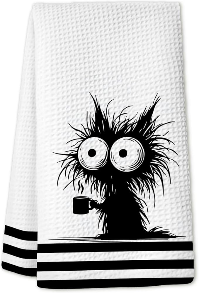 Funny Coffee Black Cat Kitchen Towels, Cat Lover Mom Lady Gifts for Women Dish Towels for Kitchen Drying, Quirky Kitten Kitty Hand Towels for Bathroom, 16x24 Inch