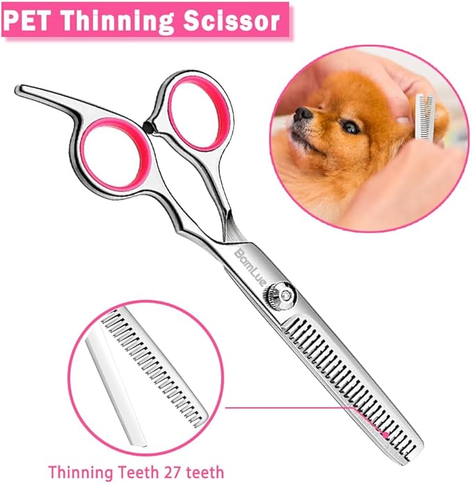 Bamlue 6 in 1 Professional Stainless Steel 4CR Safety Round Tip Dog Grooming Scissors, Anti-Rust Shears Cat Grooming Scissors Pet Kit, Thinning Straight Comb for Long Short Hair-Pink