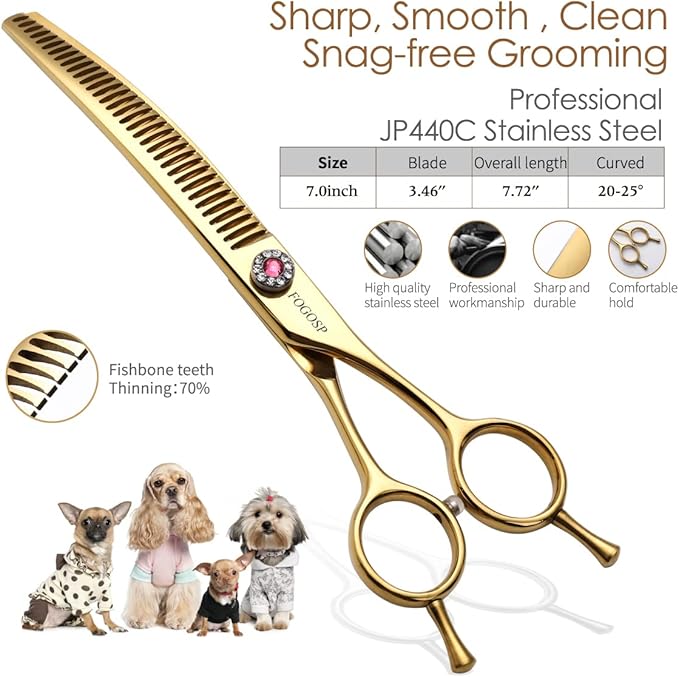 Multipurpose Curved Chunker Shears 7.0'' Professional Dog Grooming Scissors Downward Thinning Shears for Small Medium Pet 75% Thinning Rate(GOLD)