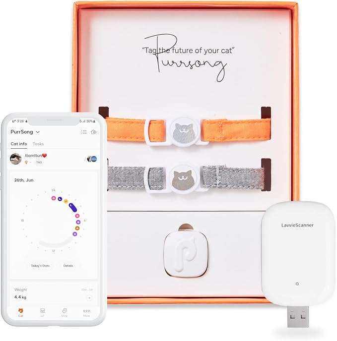 LavvieTAG with 2 Straps Charger & Scanner Set | Smartwatch for Cat ID Tag Light Activity Analysis Heath Care App Integration Monitor Fitness Tracker (Charger&Scanner Included)