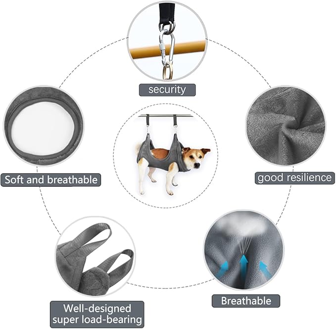 Dog Grooming Harness, Multifunctional Cats and Dogs Grooming Hammock, Pet Beauty Assistant, Nail Scissors/Nail Trimmer/Round Head Scissors (Medium grey)