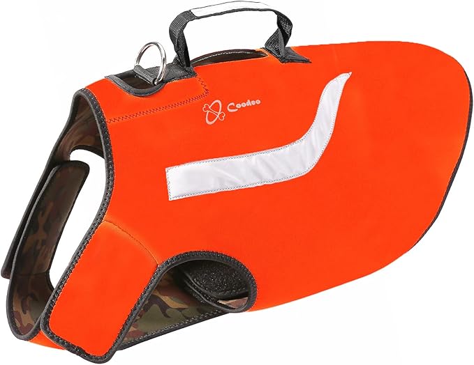 Coodeo Dog Hunting Vest Orange, Camo and Reversible Reflective Dog Tactical Harness Hound Jacket for Protection and Security, 4.5mm Neoprene Waterproof Safety Dog Vest Both Sides to Wear (X-Large)