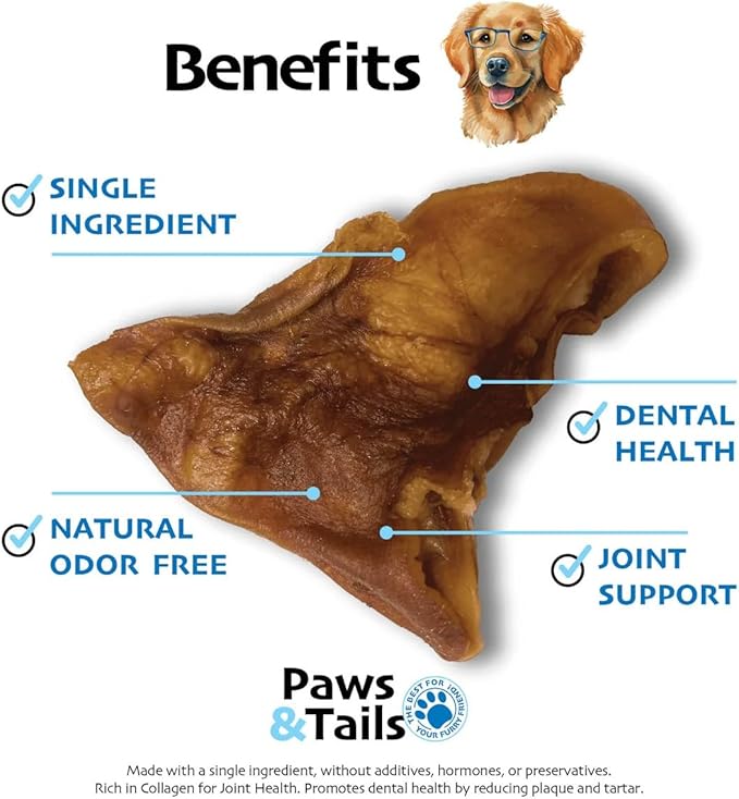 PAWS&TAILS Premium All-Natural Pig Ears for Dogs - Joint Health Support, Thick-Cut - High-Protein, Low-Fat Treats for Dental Hygiene - No Additives or Preservatives. (24, Natural Whole Pig Ears)