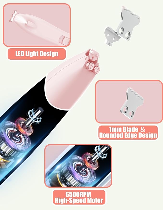 KIKETECH Cordless Dog Paw Trimmer - Low Noise LED Dog Clippers with Ceramic Blade, 2 Speed Rechargeable Small Pet Shaver for Grooming Dogs Cats Hair Around Paws, Eyes, Ears, Face, Rump, CoralPink