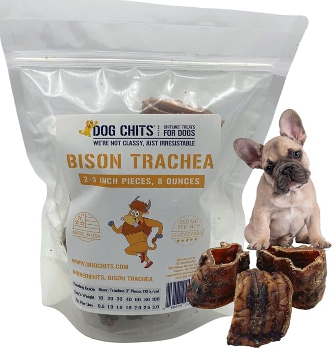 Dog Chits Bison Trachea for Dogs - Dog and Puppy Chews | Amazing for Joints | 8 oz. Bag | Made in USA | All-Natural Treats | Large and Small Dogs | Nothing Added | Zero Odor