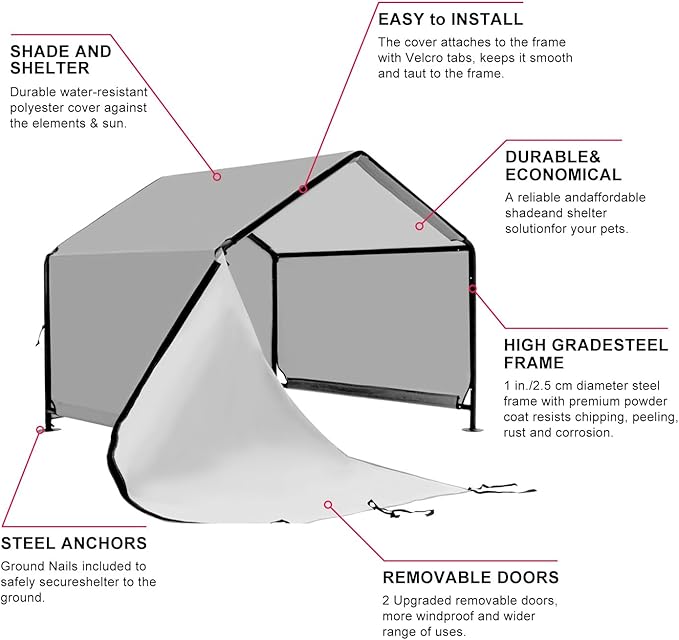 Dog Shade Shelter 2.5'x2.1'x2.1' for Small Dogs, Pet Outdoor Tent with Upgraded Doors, Outside Sun Rain Canopy Pet House for Dogs, Cats, Small Animals and Livestock, Grey