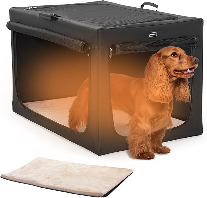 Petsfit Collapsible & Portable Dog Crate, 3-Door wth Fleece Bed, Soft-Sided Dog Crate, Huge Ventilation Pet Home Black 30 inch