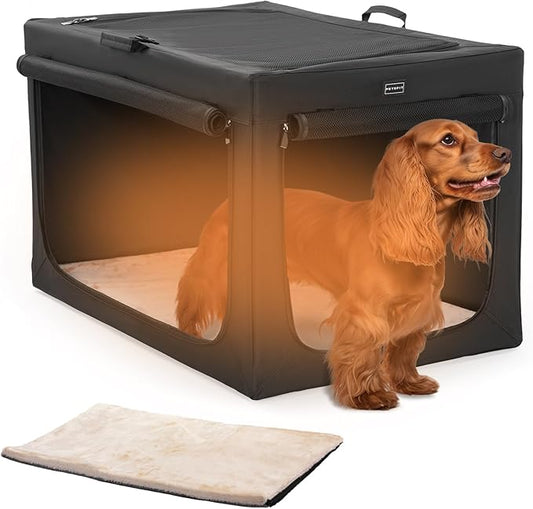 Petsfit Collapsible & Portable Dog Crate, 3-Door wth Fleece Bed, Soft-Sided Dog Crate, Huge Ventilation Pet Home Black 30 inch