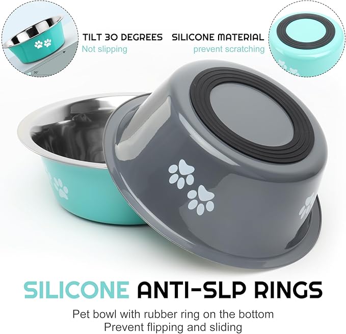 Stainless Steel Dog Bowls 2 Pack Medium Large Dogs Feeding Food Water Bowl with Non-Slip Silicone Sole, Stainless Steel Dog Dishes Elevated Raised Pet Feeder (Green+Grey, L(6.6 Cups))