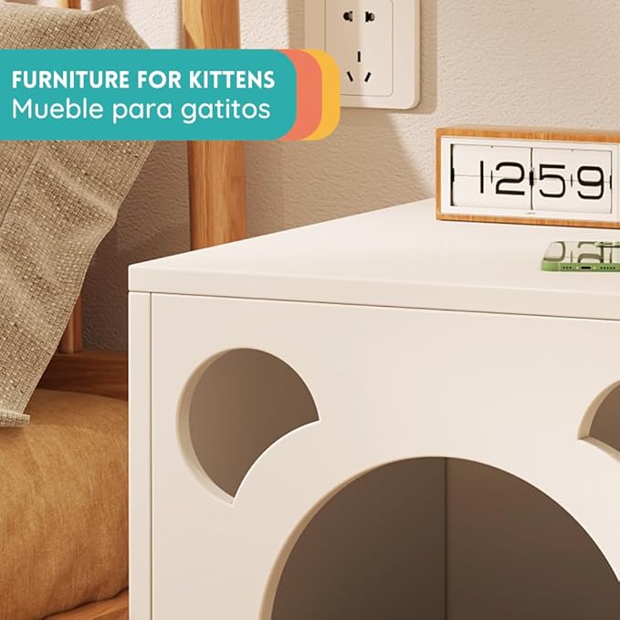 POLIPETS Side Table and House for Pets, Wooden Table for Pets, MDF Resistant Wood, Minimalist, Elegant and Resistant, Space Saving 20x16x16in, White