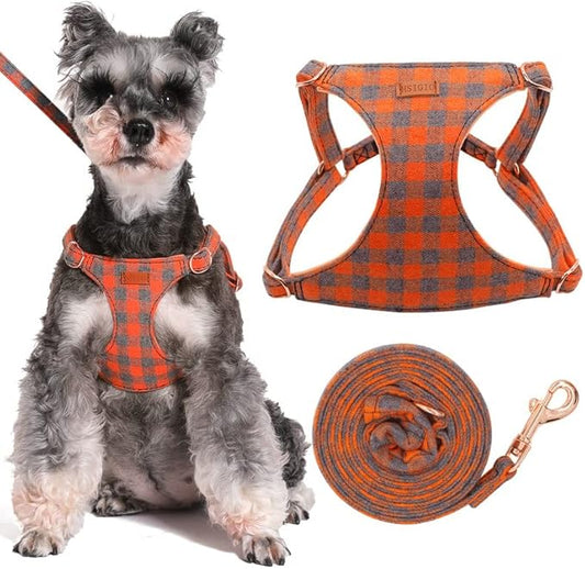 Small Dog Harness and Leash Set, Plaid Puppy Dog Harness XXS, Soft Adjustable Harness for Extra Small-Medium Pet Dogs and Cat No Pull, Orange Plaid, Medium