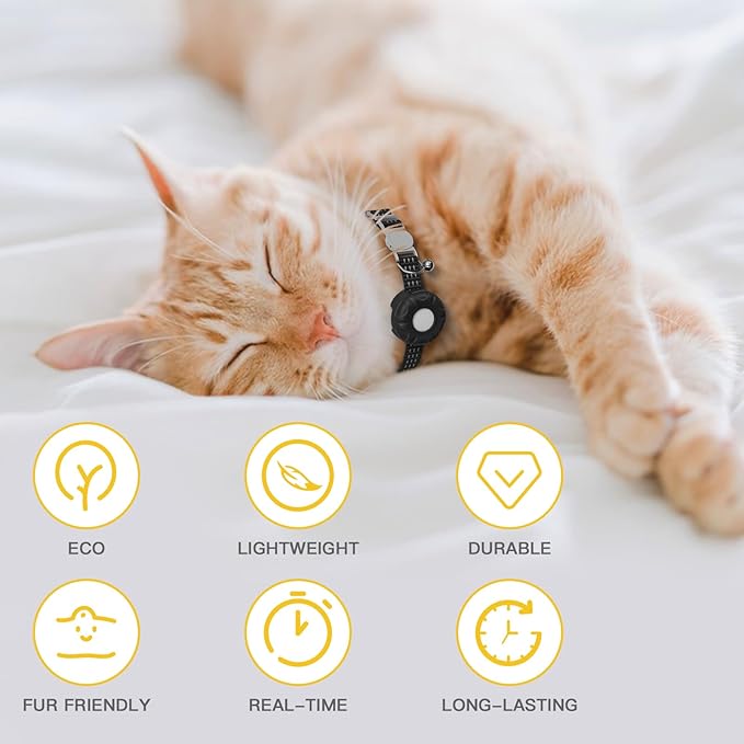 Cat GPS Tracker, Waterproof Pet Tracker for Cats, Cat Tracker Collar with Safety Elastic Buckle, Works with Any Collar,Compatible with Apple Find My App (Only iOS), No Monthly Fee, Black
