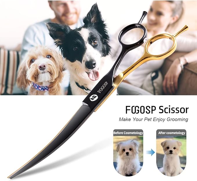 Black and Gold Two-Color Curved Grooming Scissors for Dogs 7.0" Professional Curved Pets Grooming Scissors for Small Medium Dog 9CR Stainless Steel(Black&Gold,Curved)