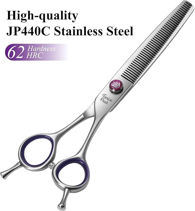 Fenice Peak 7'' Thinning Dog Grooming Scissors with Purple Finger Rings and Flashing Screw Professional 440C Stainless Steel Natural Color Pet Thinning Shears with Offset Handle Durable and Sharp