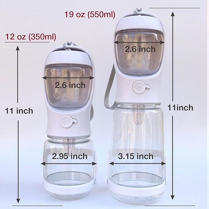 Dog Water Bottle with Food Container Holder, Travel Puppy Drinking Bowl, Portable Pet Water Dispenser, Patented Design, Food Grade Plastic 19 oz Water Bottle+100g Snack cans