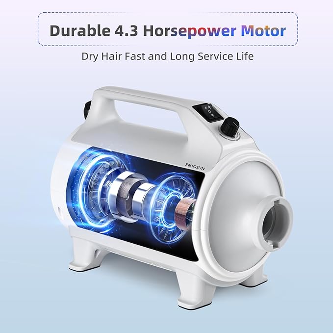 Entosun Dog Dryer, Pet Hair Dryer, 4.3hp/2800W Adjustable Speed and Temperature, High Velocity Dryer, Dog Blower Grooming Dryer with 4 Nozzles and Grooming Gloves (White)