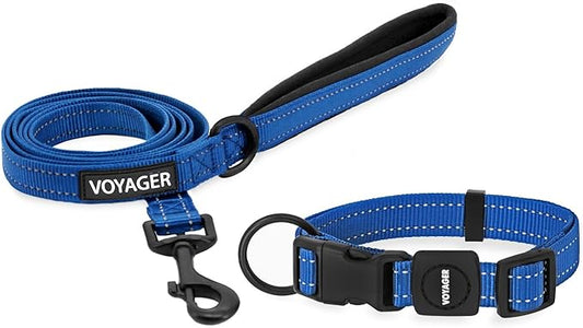 Voyager Reflective Dog Leash Collar Set with Neoprene Handle Supports Small, Medium, and Large Breed Puppies, Cute and Heavy Duty for Walking, Running, and Training - Royal Blue, S