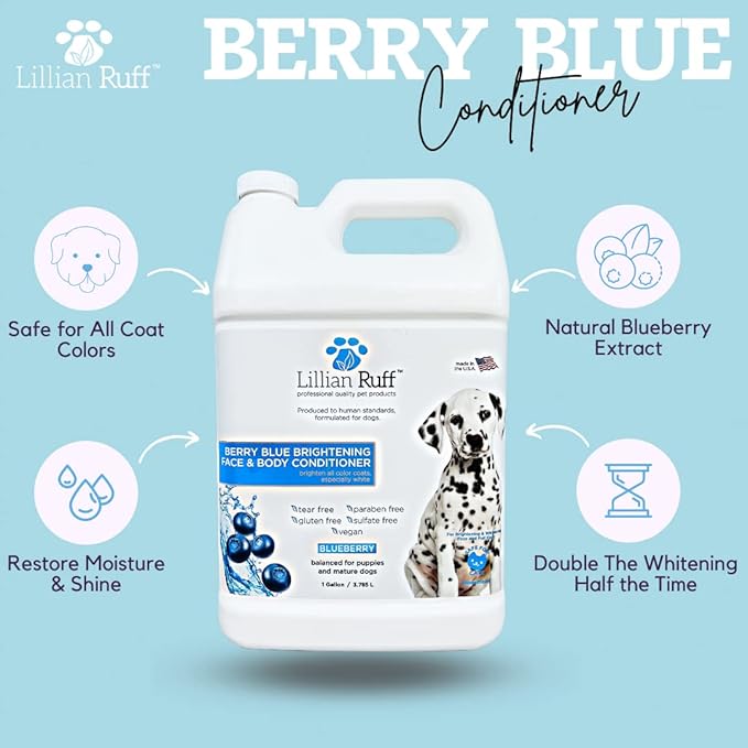 Lillian Ruff Berry Blue Brightening Face & Body Conditioner for Dogs & Cats - Tear Free Blueberry Conditioner - Remove Tear Stains, Hydrate Dry Skin, Add Shine & Luster to Coats - Made in USA (Gallon)