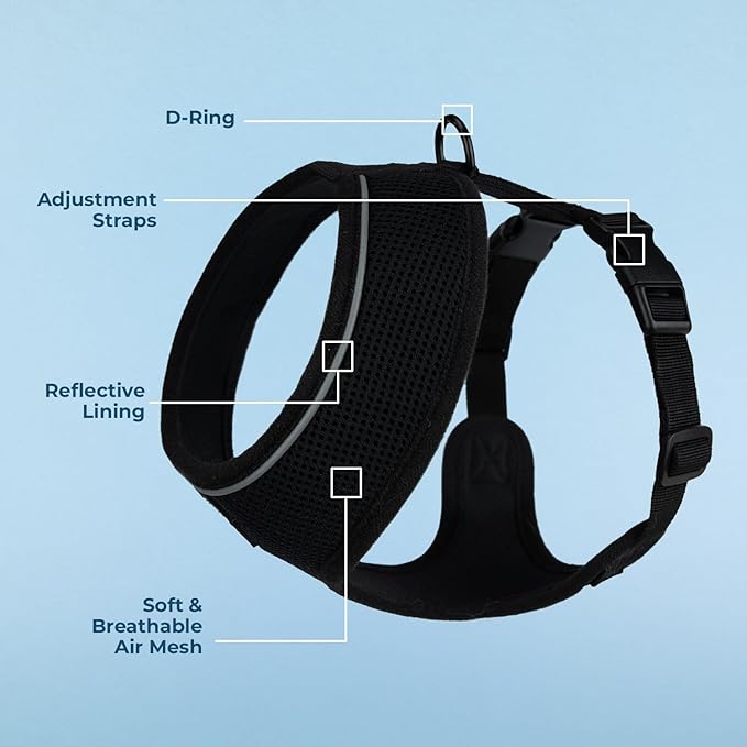 Voyager Aerolite No Pull Mesh Dog Harness with Lightweight, Soft, Breathable, Reflective Stitching, and Adjustable Straps for Walking, Running, Training, Heavy Duty and Durable - Black, XS