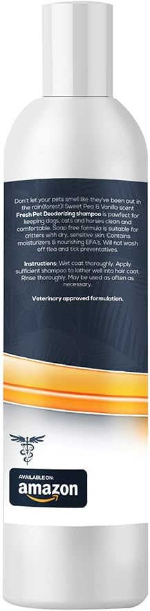 Jungle Pet Deodorizing Dog Shampoo for Smelly Dogs - Grooming & Cleansing Pet Shampoo for Dogs with Hypoallergenic Essential Fatty Acids - Soap, Sulfate & Paraben Free - Sweet Pea Vanilla Scent, 16 oz