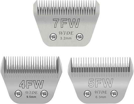 3PCS Wide Blades for Dog Grooming Blades Compatible with Andis,Oster A5,Wahl km10 Dog Clippers Stainless Steel Blades Blades for Animal Dog,Cat,Horse,Silver,Size #4FW+5FW+7FW