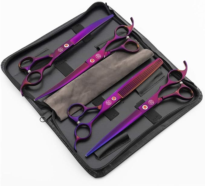 Moontay Professional 8.0" Dog Grooming Scissors Set, 4-pieces Straight, Upward Curved, Downward Curved, Thinning/Blending Shears for Dog, Cat and Pets, JP Stainless Steel, Purple