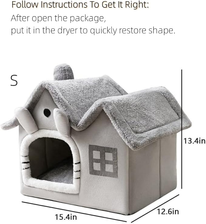 Luxury Double Roof Indoor Dog House Cat Nest,Foldable Warm Soft Kennel,30D High Elastic Memory Sponge,Removable Cushion and Non-Slip Bottom (Grey Double Roof, S)