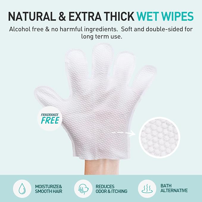 ALL FOR PAWS Cleaning & Deodorizing Bathing Wipes for Dogs and Cats Pet Grooming Wipes for Face, Body and Paws, Moisturizing No-Rinse Disposable Gloves 9 x 5 inchs 6pcs x 2