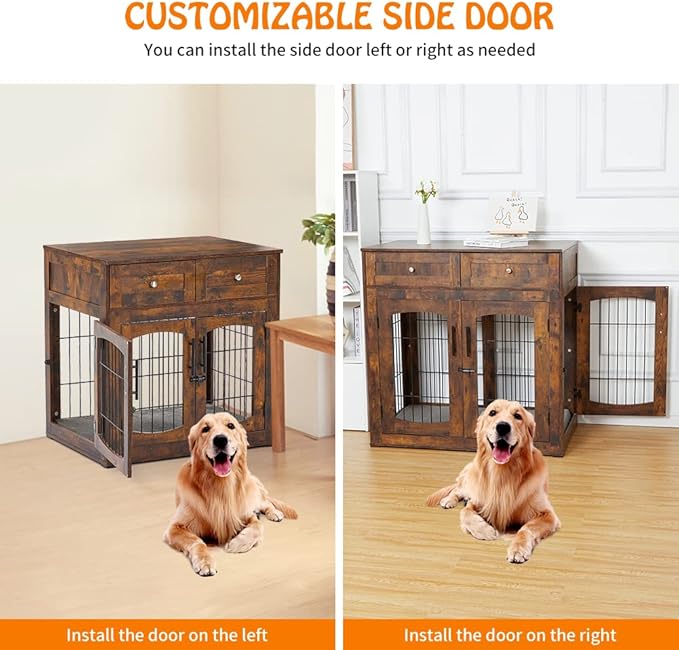 Dog Crate Furniture with Drawers and Cushion, 39.4" 3-Doors Dog Furniture, Wooden Dog House Kennel for Large/Medium/Small Dog, Dog Crate Table, Indoor End Table Dog House (Rustic Brown)