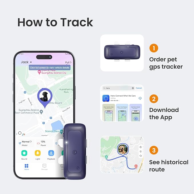 TSK Cat Dog GPS Tracker Smart Waterproof Tracker with Real-Time Location Escape Alerts Activity Monitor iOS & Android Compatible for Dogs Cats 6.5lbs+ Dark Blue