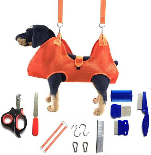 Dog Grooming Hammock with Flea Comb and Dog Nail Clipper, Pet Dog Grooming Hammock Harness with Cat Nail Clipper, Nail File and Dog Brush, Dog Sling for Nail Clipping/Nail Trimming (S, Orange)