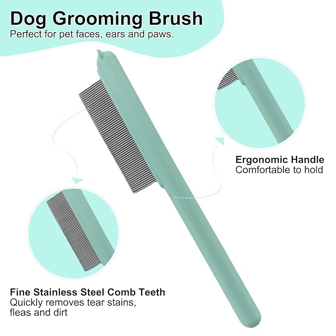 Cute Plastic Dog Comb with Stainless Steel Bristles and Furry Ears Design - Pet Grooming Tool for Removing Dirt and Tangles （Green）