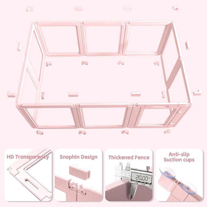 Clear Acrylic Dog Playpen,Transparent DIY Dog Pen,Easy Assembly and Disassembly,Indoor and Outdoor Use,Simple Cleansing Fence (Skin Pink, 60CM, 12 Panel)